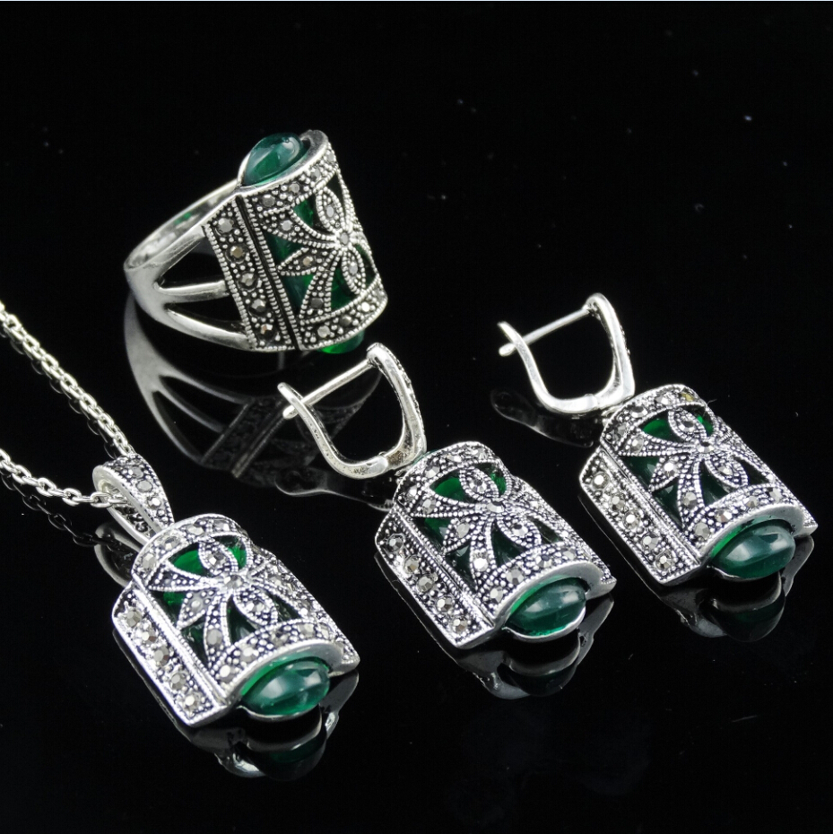 Unique-Design-Antique-Silver-Plated-Green-Resin-Stone-Fashion-Vintage-Jewelry-Set-With-Necklace-Earring-Rin